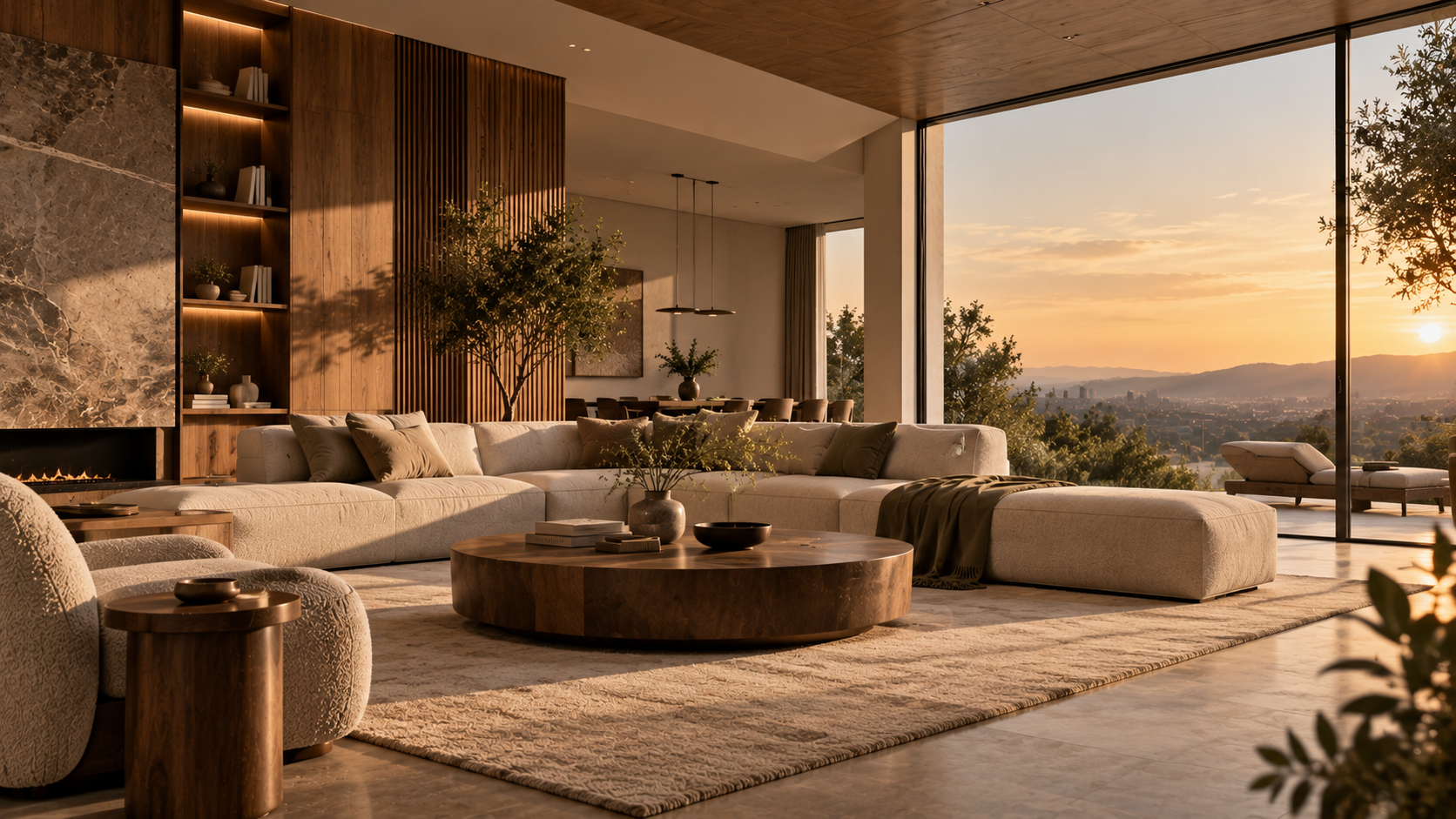 Warm contemporary interior with wood finishes, natural light and a Pune skyline