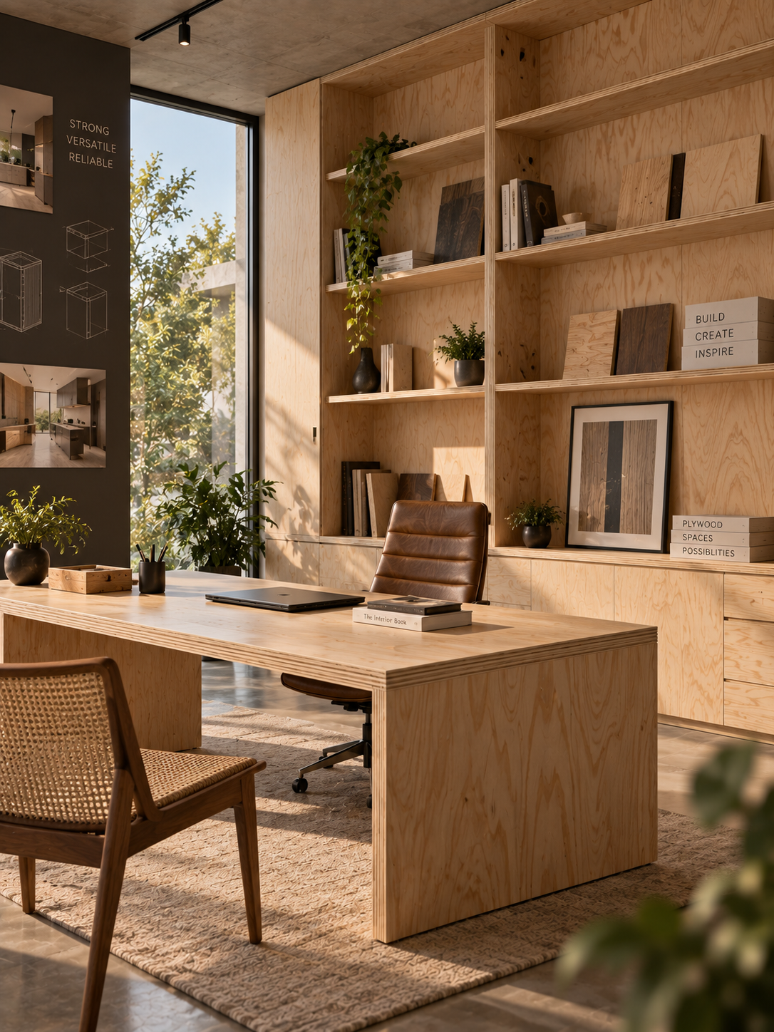 Plywood showcase in a warm contemporary interior