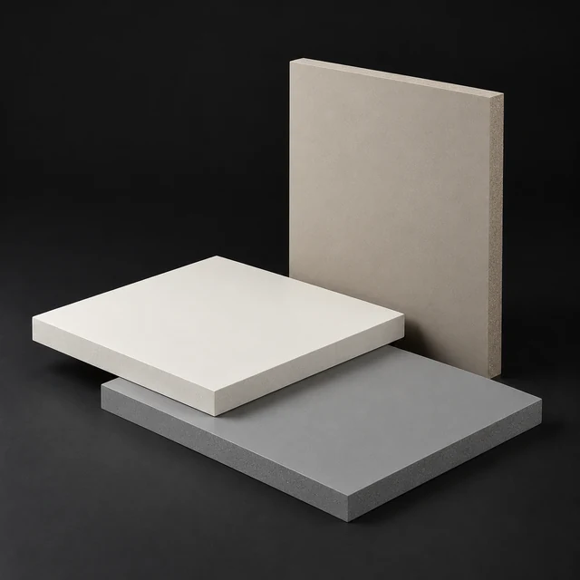 Light, grey and beige composite board samples with visible edges