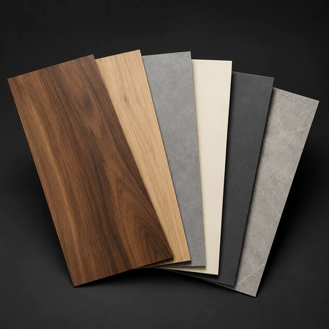 Decorative laminate samples in woodgrain, solid and stone finishes