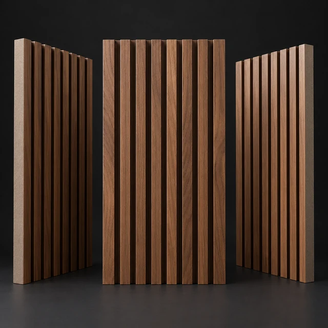 Three wood-finish louver panels showing their raised profiles