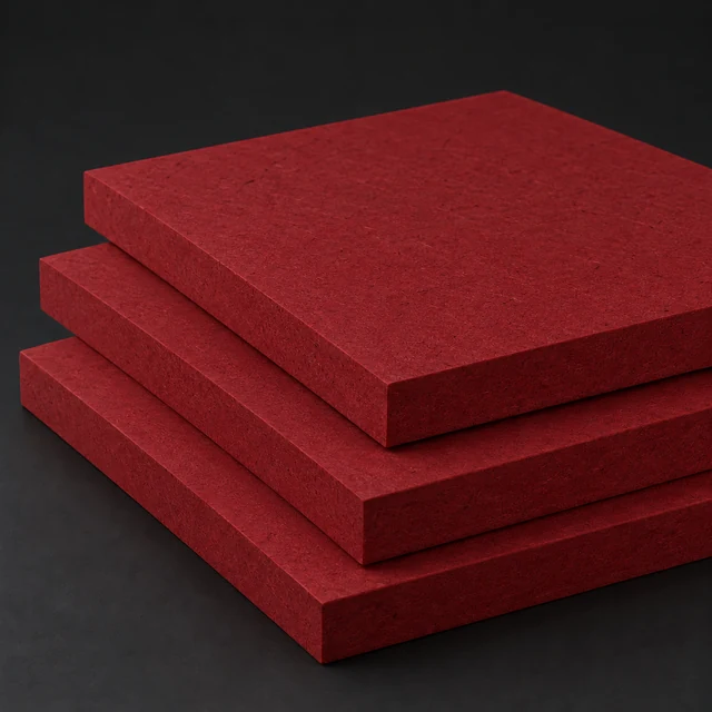 Stacked red fibreboard samples showing their faces and cut edges