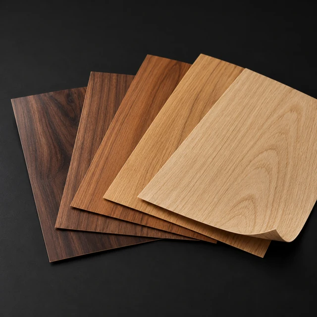Thin wood veneer sheets showing different grain tones